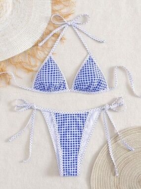 Two piece blue gingham bikini